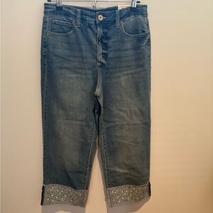 INC International Concepts Blue Ankle Cropped Jeans with Embellished Cuffs